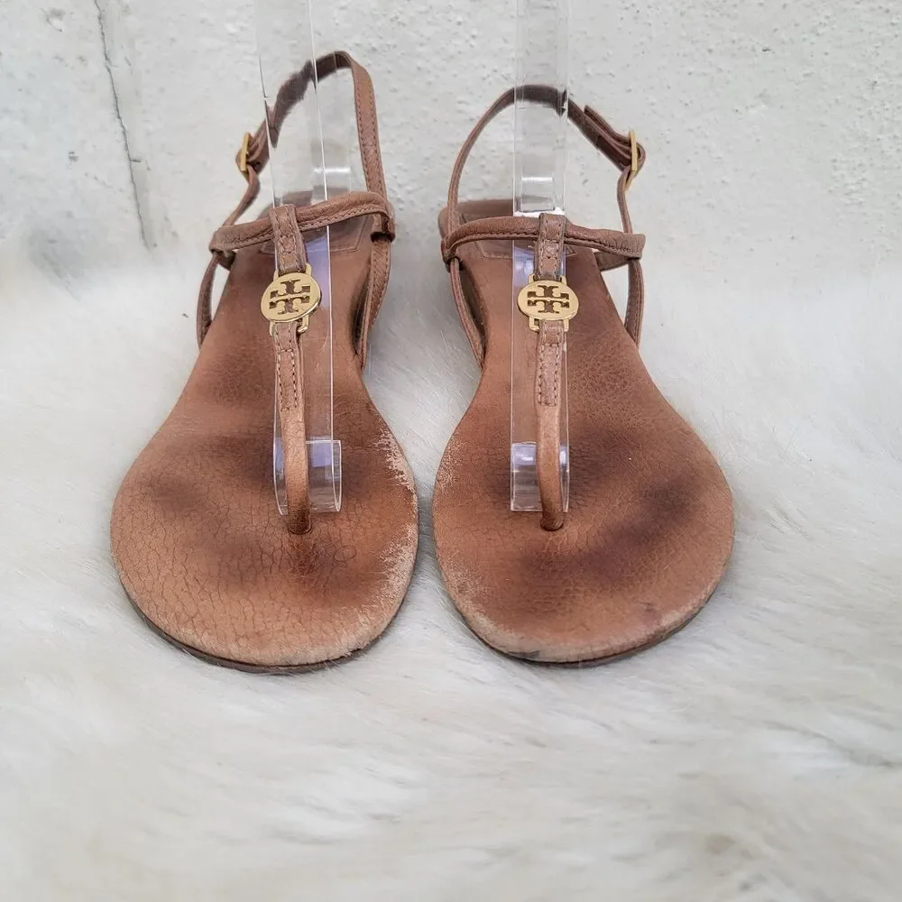 Tory Burch Emmy T-Strap Brown Leather Sandals Sz 6